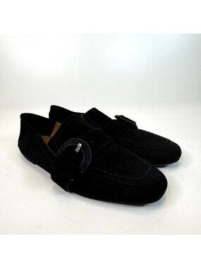 Aquatalia Womens Size 9 Black Suede Buckle Loafer Slip On Flats Shoes Italy